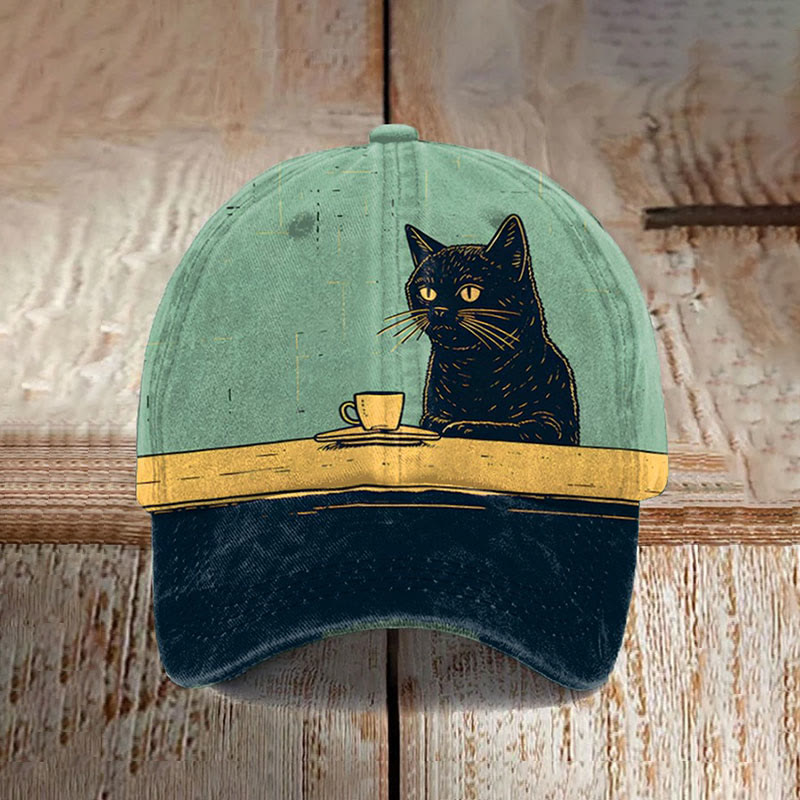 Chilling Coffee Cat Print Cap - Green - one size - image 1