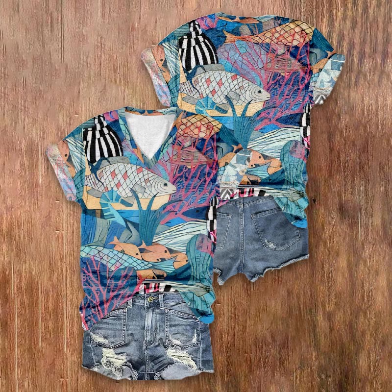 Colorful Cute Fishes By Coral Print V-neck T-shirt - image 2
