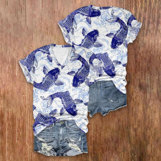 Fortune Koi Oil Painting Art Print V-neck T-shirt - image 2