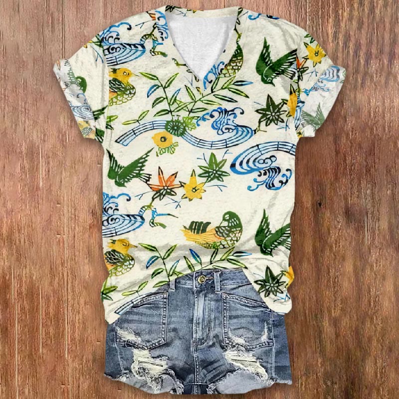 Bueatiful View With Birds And Plants Print V-neck T-shirt - Beige - 5XL - image 1