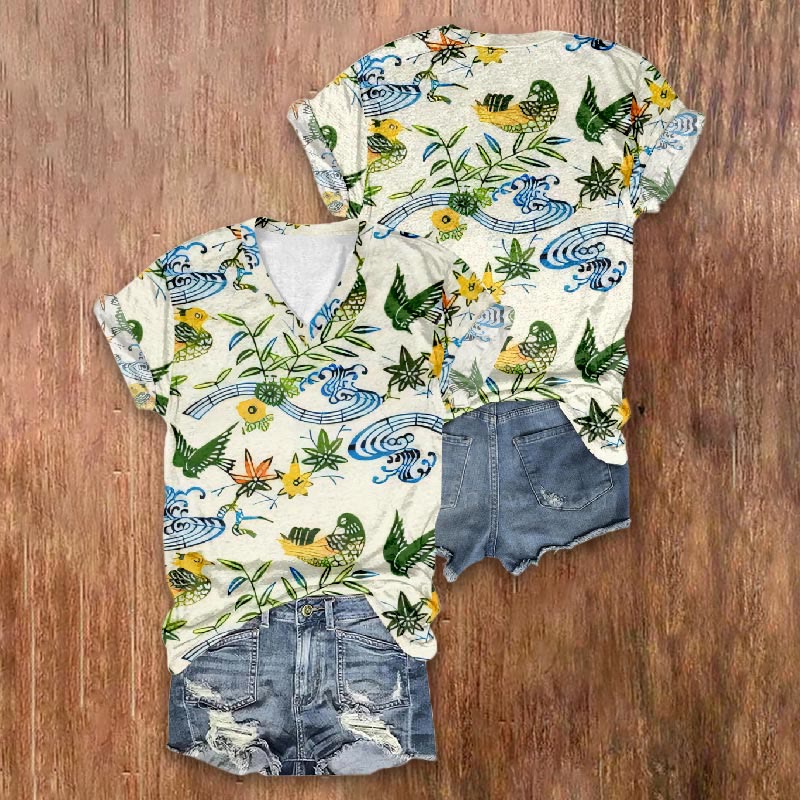 Bueatiful View With Birds And Plants Print V-neck T-shirt - image 2