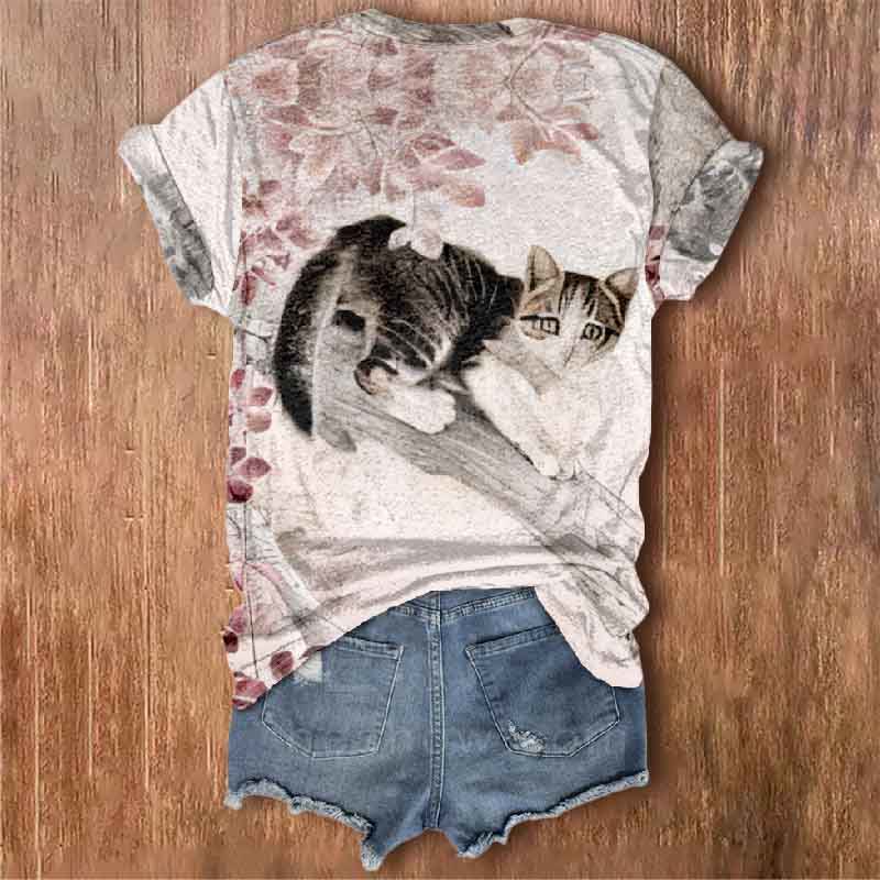 A Cat On The Sakura Tree Art Print V-neck T-shirt - image 2