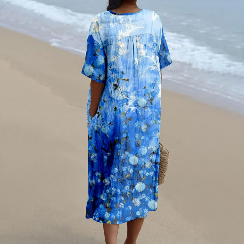 Women's Fantasy Blue Hydrangea Art Print V-neck Short Sleeved Casual Midi Dress - image 2