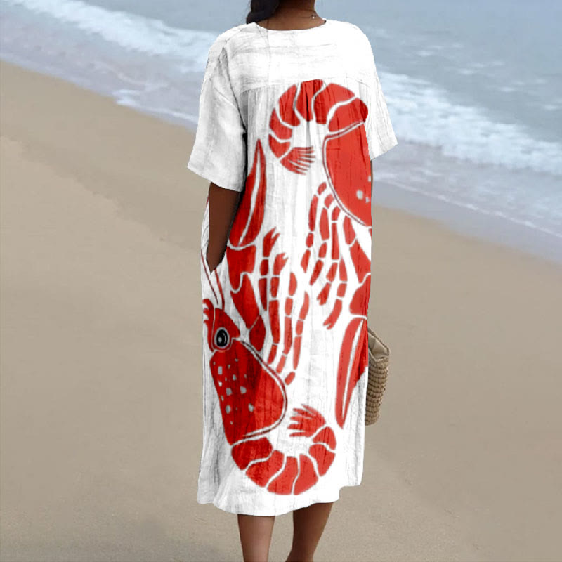 Women's Vintage Big Red Lobster Art Print V-neck Short Sleeved Casual Midi Dress - image 2