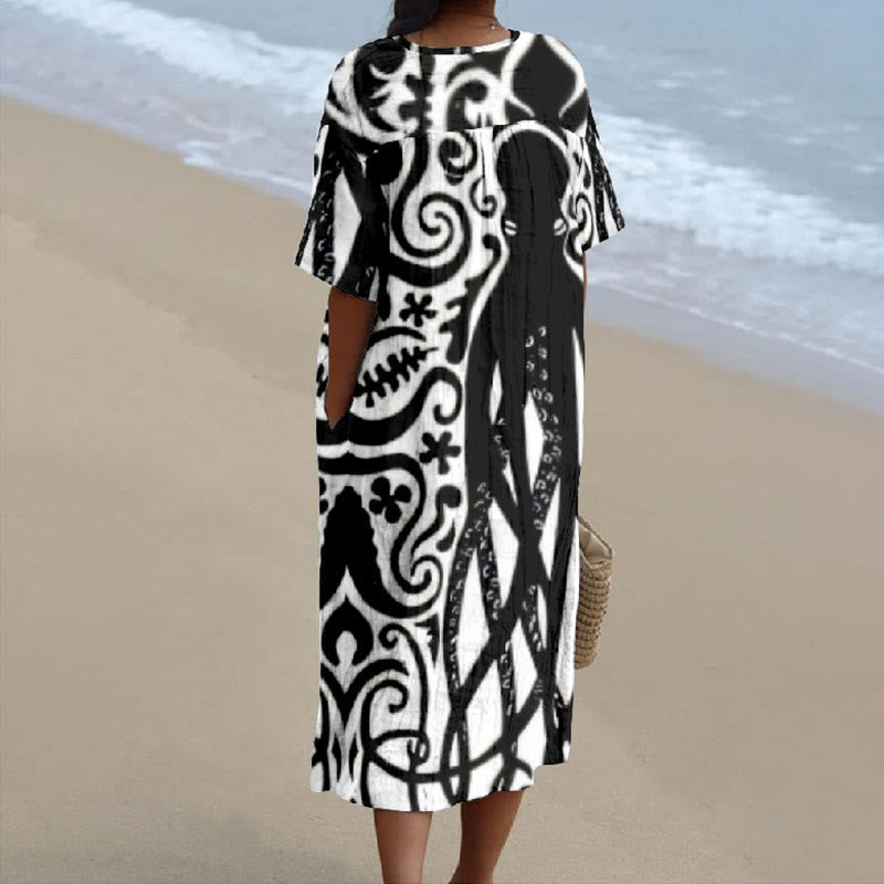 Women's Big Black Octopus Floral Pattern Print V-neck Short Sleeved Casual Midi Dress - image 2