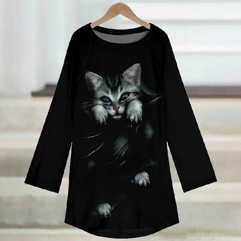 Women's Japanese Vintage Cute Lazy Cat Print Casual Long Sleeve Tunic - image 2
