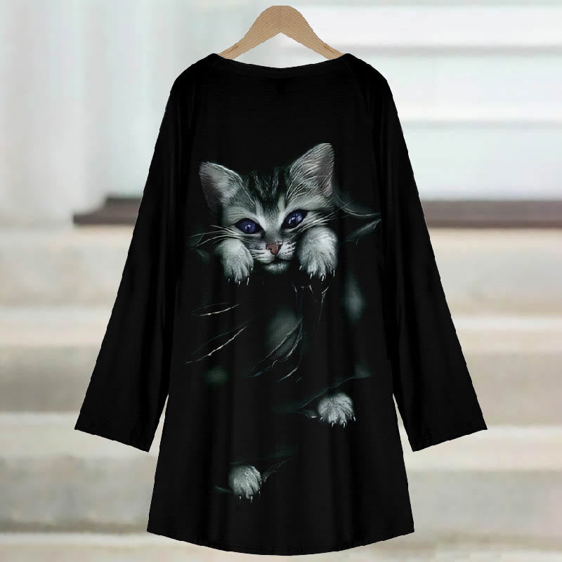 Women's Japanese Vintage Cute Lazy Cat Print Casual Long Sleeve Tunic - image 3