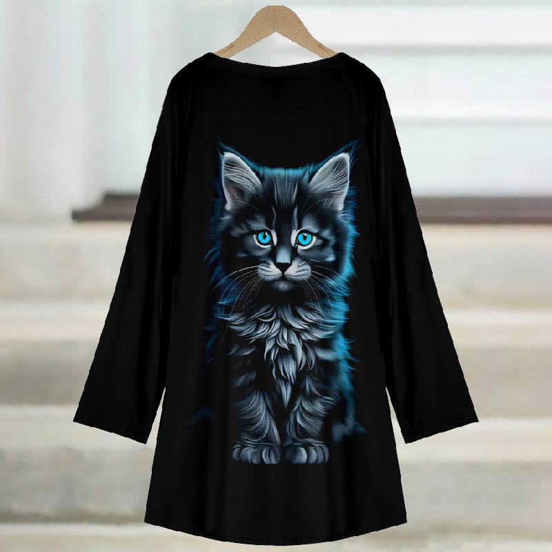 Women's Japanese Retro Blowing Furry Kitten Print Casual Long Sleeve Tunic - image 3