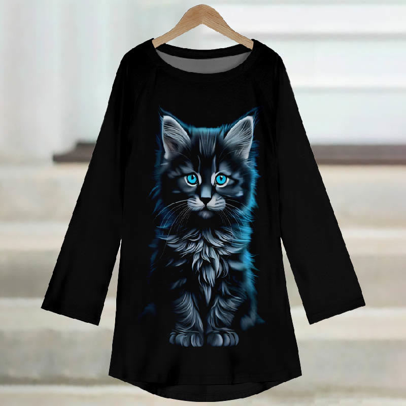 Women's Japanese Retro Blowing Furry Kitten Print Casual Long Sleeve Tunic - image 2