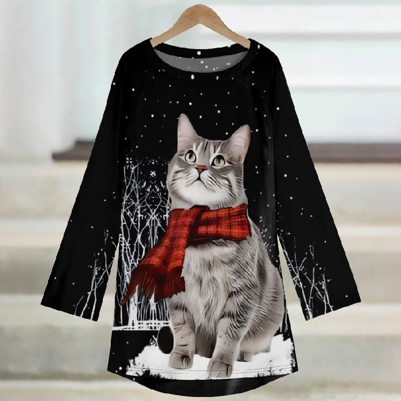 Women's Lovely Winter Snowy Scarf Cat Print Casual Long Sleeve Tunic - image 2