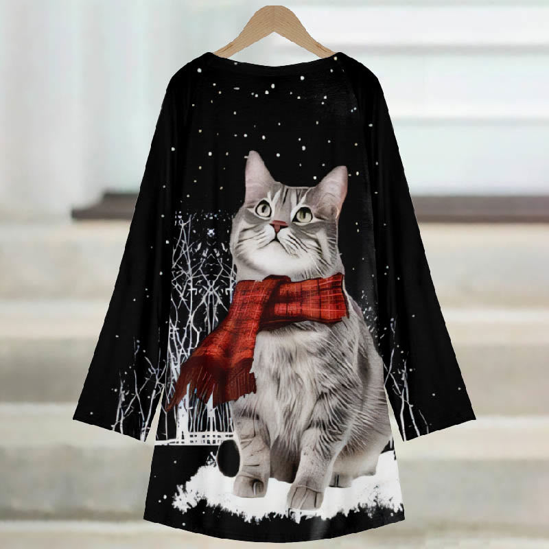 Women's Lovely Winter Snowy Scarf Cat Print Casual Long Sleeve Tunic - image 3