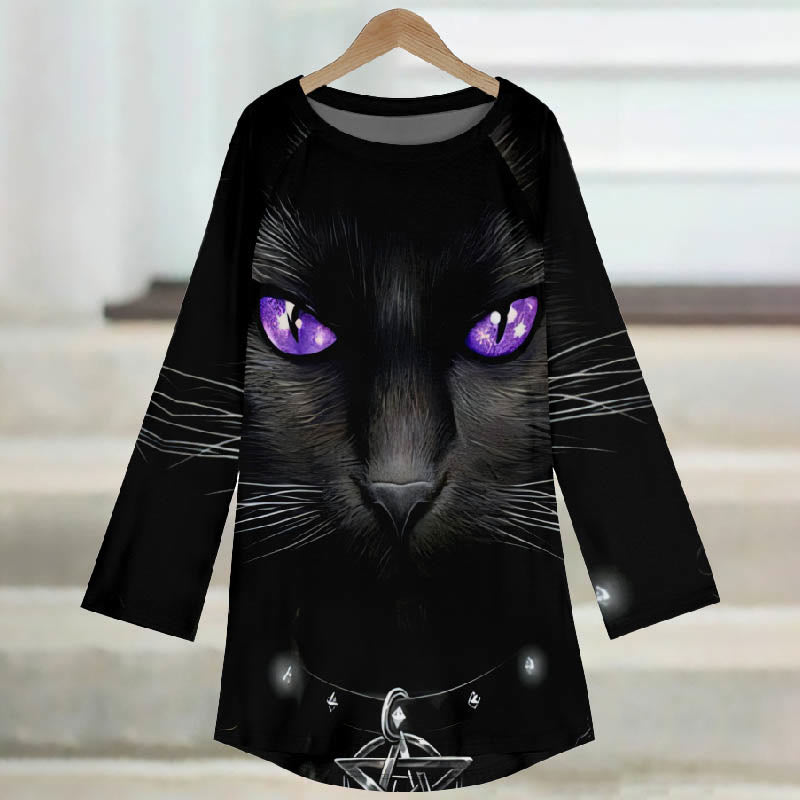 Women's Mysterious Purple Eyes Ink Cat Print Casual Long Sleeve Tunic - image 2
