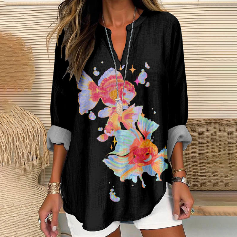 Women's Oil Painting Colorful Fish Printed V Neck Long Sleeve Blouse - Black - 8XL - image 1