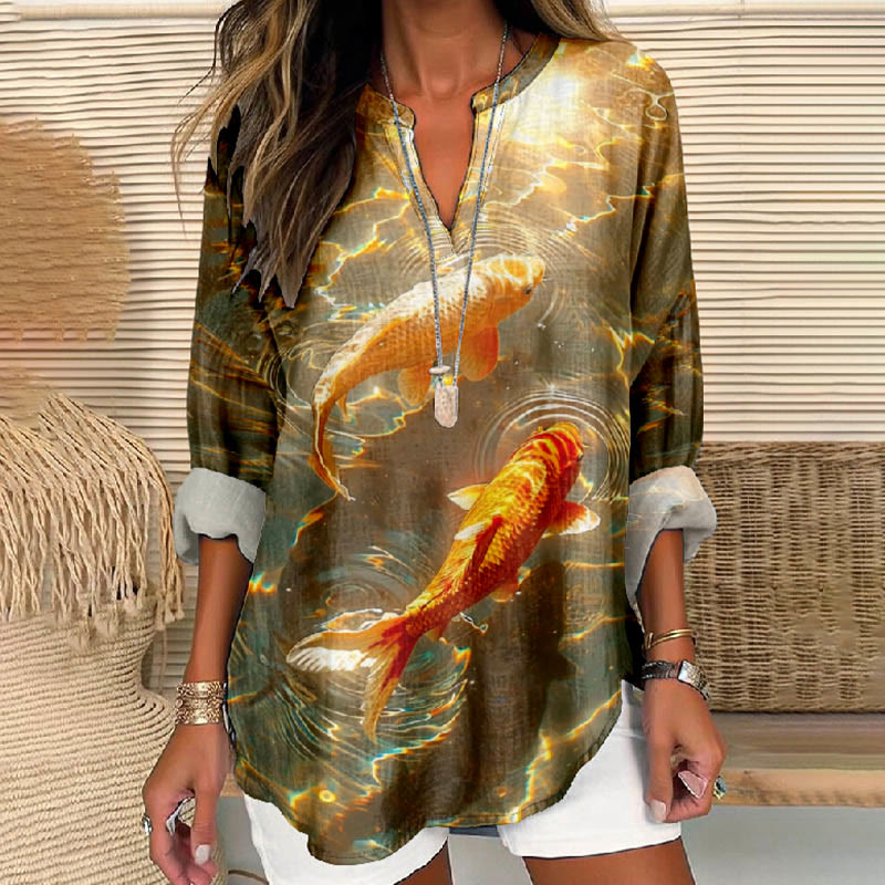 Women's Fantasy Sunshine Goldfish Printed V Neck Long Sleeve Blouse - Golden - 8XL - image 1