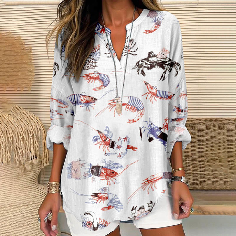 Women's Funny Watercolor Lobster And Crab Printed V Neck Long Sleeve Blouse - White - 8XL - image 1