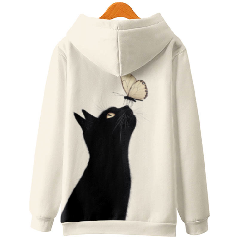 Women's Japanese Black Cat And Butterfly Art Print Long Sleeve Hoodie - image 2