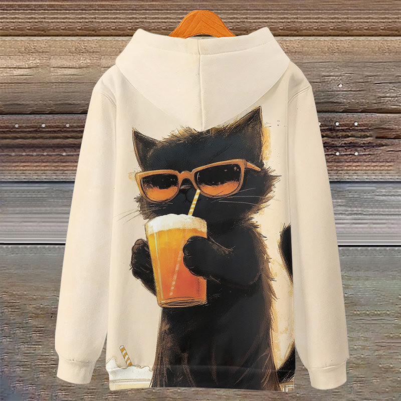 Women's Creative Sunglasses Cat With Drinks Art Print Long Sleeve Hoodie - image 2
