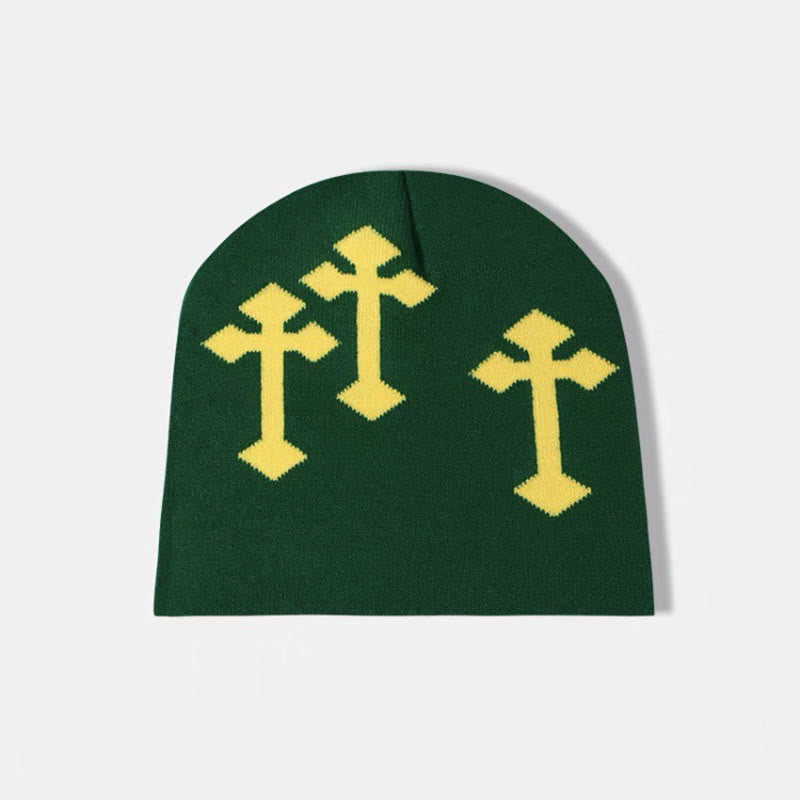 Contrast Cross Pattern Knitted Hat - Dark Green - one size - image 4