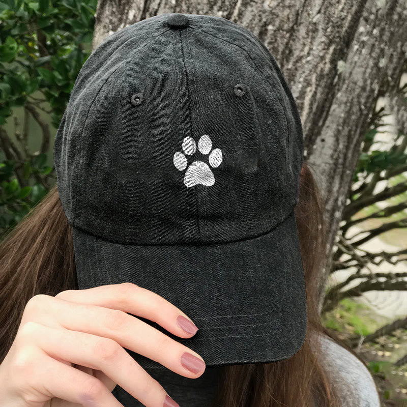 Cute Cat Paw Print Washed Baseball Cap - Black - one size - image 1