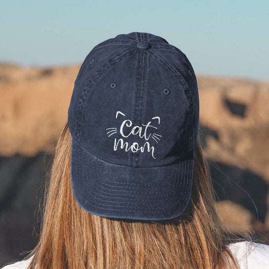 Cat Mom Print Washed Cap - Navy Blue - One size - image 1