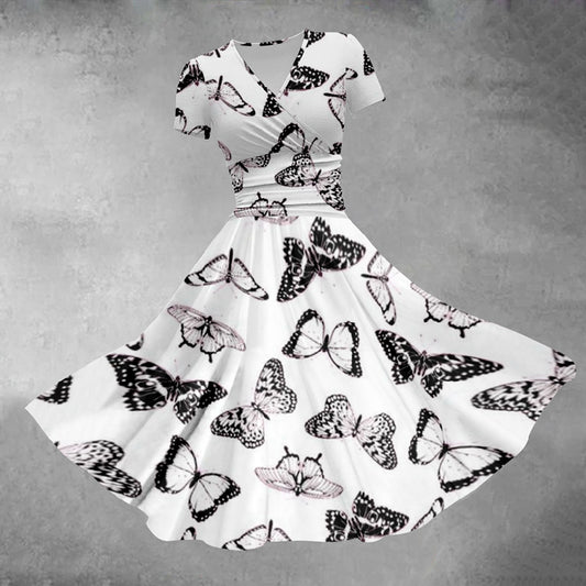 Women's V-neck Butterfly Ink Painting Print Midi Dress - White - 5XL - image 1