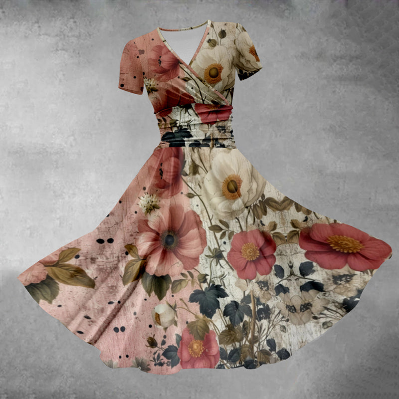 Women's V-neck Bohemian Floral Contrast Print Midi Dress - Red - 5XL - image 1