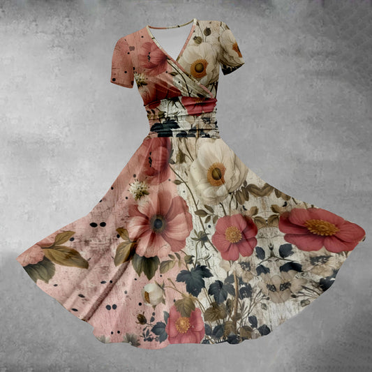 Women's V-neck Bohemian Floral Contrast Print Midi Dress - Red - 5XL - image 1