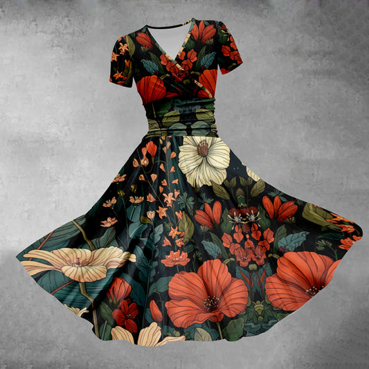 Summer Retro Multicolor Flower Print V-neck Midi Dress - Red - 5XL - image 1