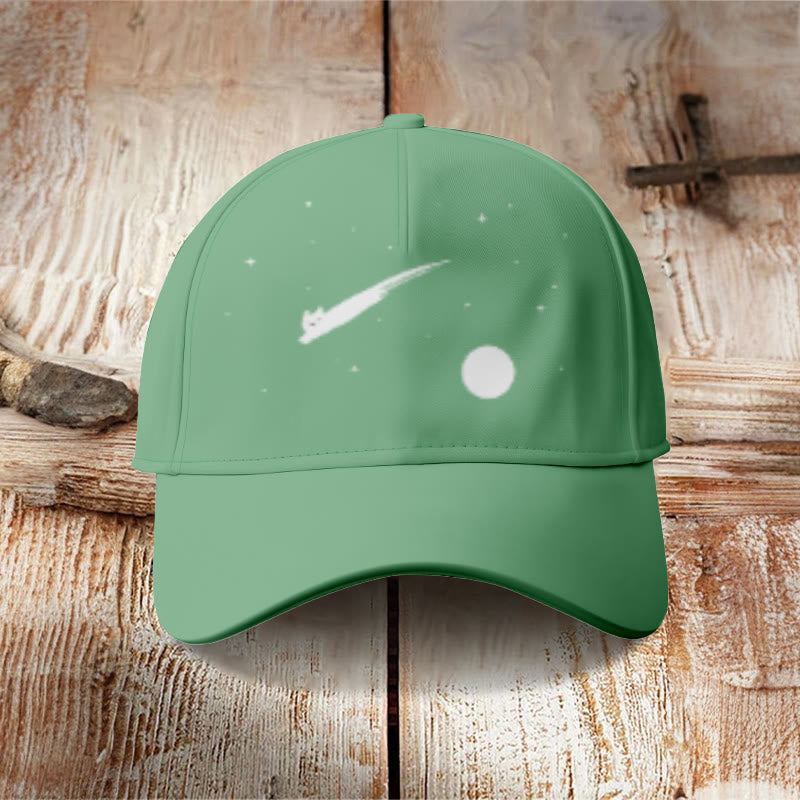 Abstract Creative Cute Cat Leaping Under The Starry Sky Painting Art Cap - Green - one size - image 11