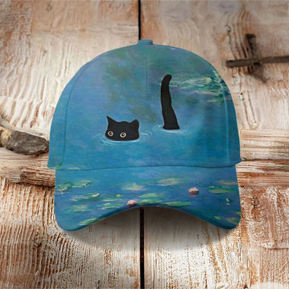 Women's Oil Painting Cat Print Cap - Blue - one size - image 1