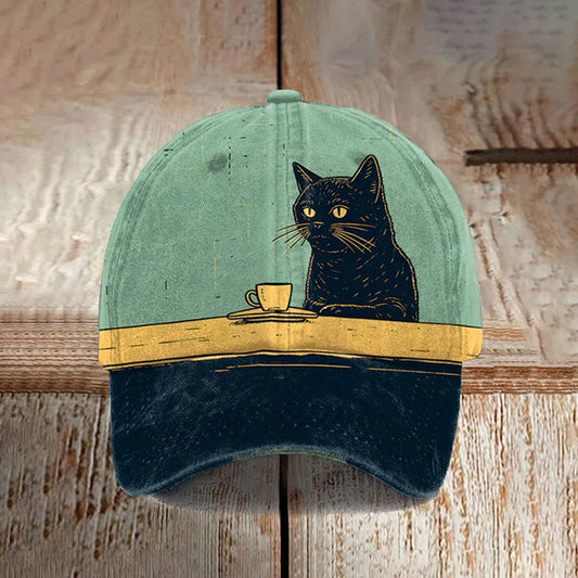 Chilling Coffee Cat Print Cap - Green - one size - image 1