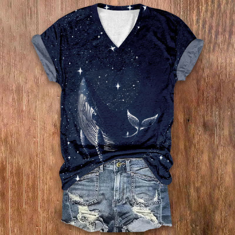 Starry Whale Rays Print V-neck T-shirt - Blue - 5XL - image 1