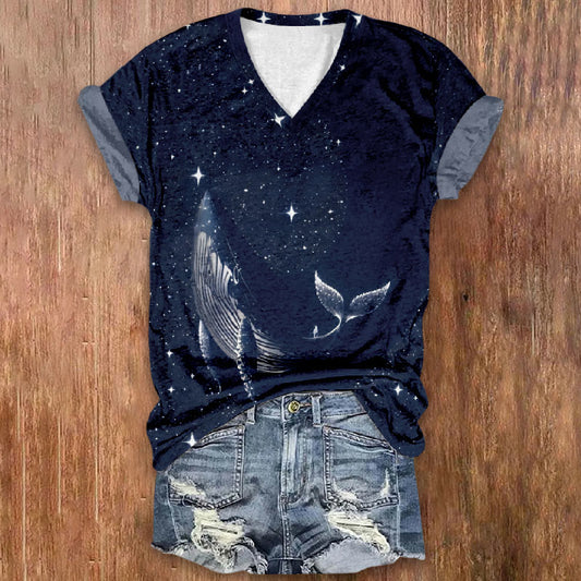 Starry Whale Rays Print V-neck T-shirt - Blue - 5XL - image 1