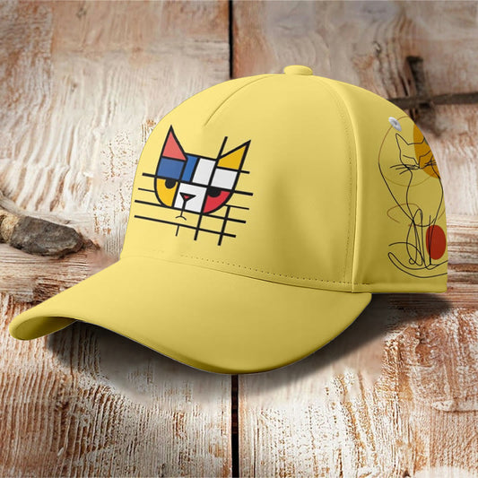 Color Block Cute Cat Print Cap - Yellow - one size - image 1
