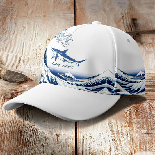 Japanese Style Wave Shark Print Cap - White - one size - image 1