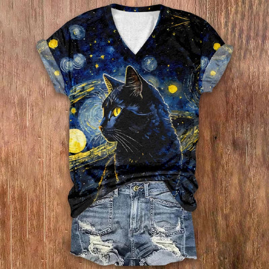 Artistic Starry Black Cat Design Printed Casual V-neck T-shirt - Blue - 5XL - image 1