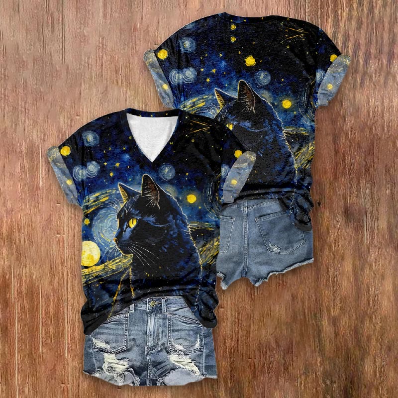 Artistic Starry Black Cat Design Printed Casual V-neck T-shirt - image 2