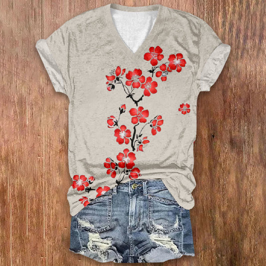 Casual Japanese Style Art Red Floral Printed V-neck T-shirt - Apricot - 5XL - image 1