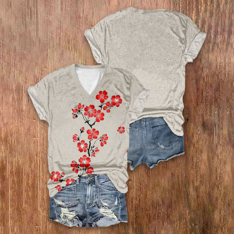 Casual Japanese Style Art Red Floral Printed V-neck T-shirt - image 2