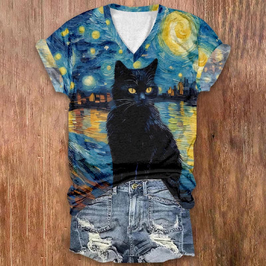 Artistic Starry Black Cat Design  Print V-neck T-shirt - Blue - 5XL - image 1