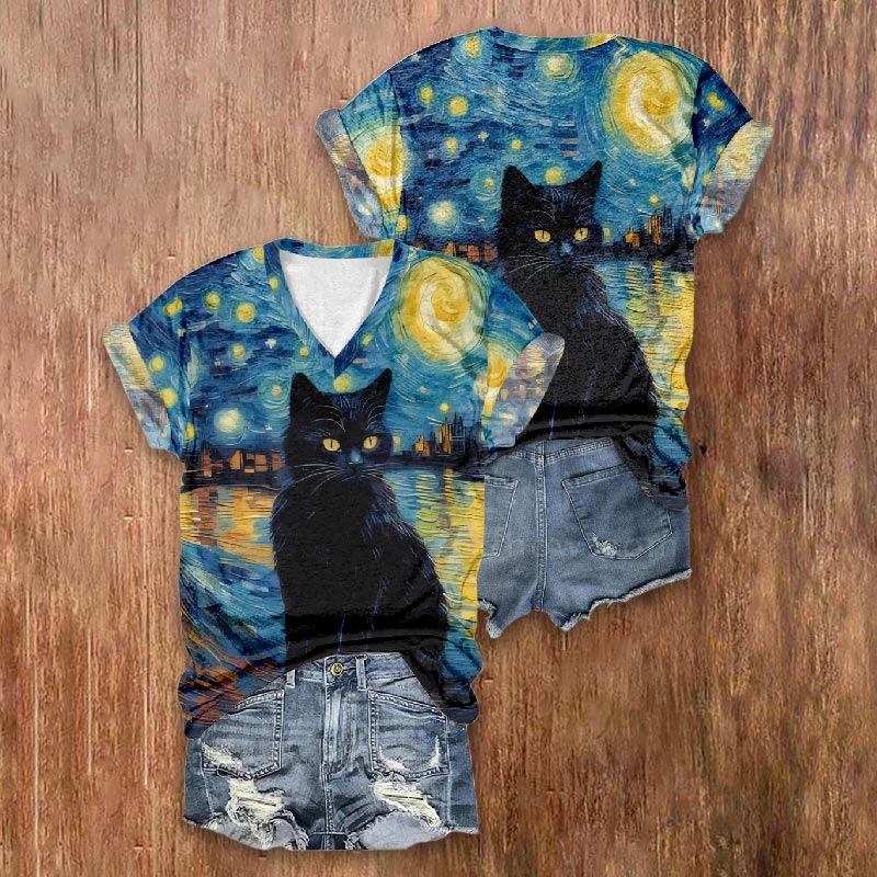 Artistic Starry Black Cat Design  Print V-neck T-shirt - image 2