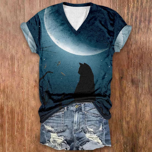 The Black Cat Watching Dragonfly Print V-neck T-shirt - Dark Green - 5XL - image 1