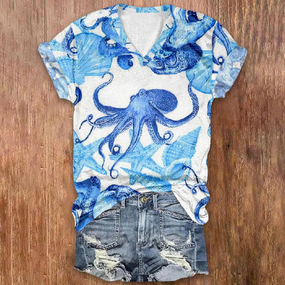 Blue Octopus Starfish Conch Print V-neck Short Sleeve T-shirt - Blue - 5XL - image 1