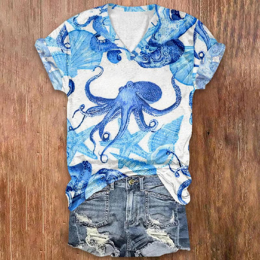 Blue Octopus Starfish Conch Print V-neck Short Sleeve T-shirt - Blue - 5XL - image 1