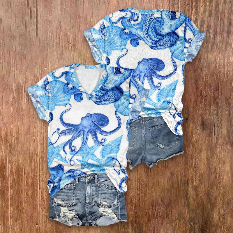 Blue Octopus Starfish Conch Print V-neck Short Sleeve T-shirt - image 2