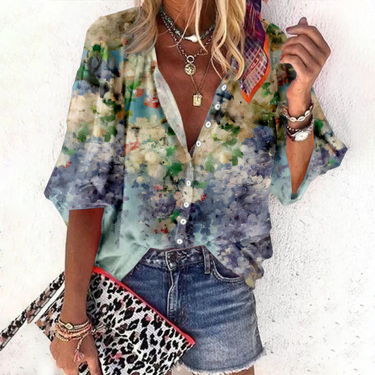 Women's Ombre floral Print Casual 3/4 Sleeve Blouse - Purple - 6XL - image 1