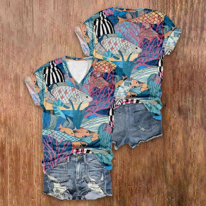 Colorful Cute Fishes By Coral Print V-neck T-shirt - image 2
