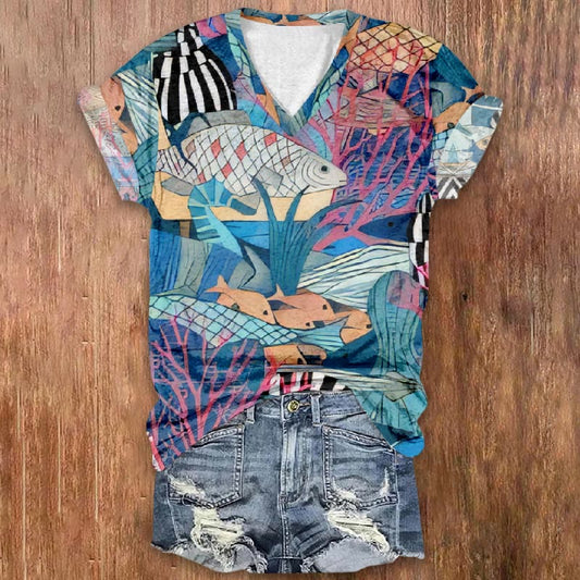 Colorful Cute Fishes By Coral Print V-neck T-shirt - Multicolor - 5XL - image 1