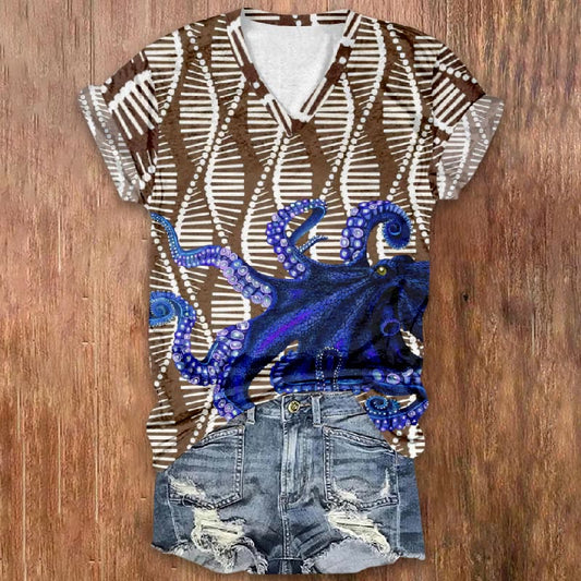 Cute Octopus Casual Print V-neck Short Sleeve T-shirt - Brown - 5XL - image 1