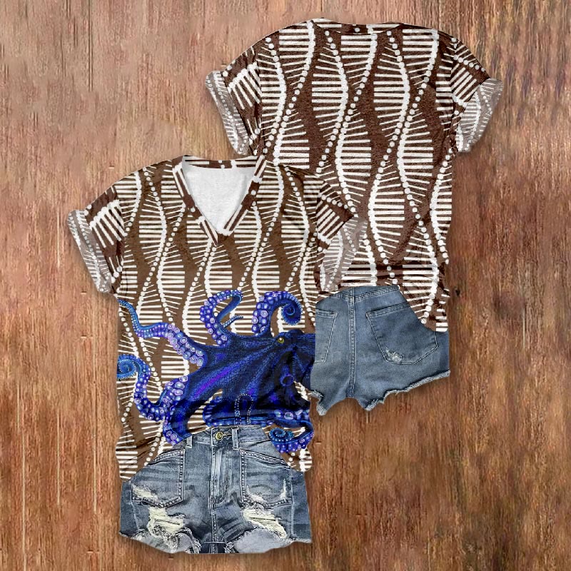 Cute Octopus Casual Print V-neck Short Sleeve T-shirt - image 2